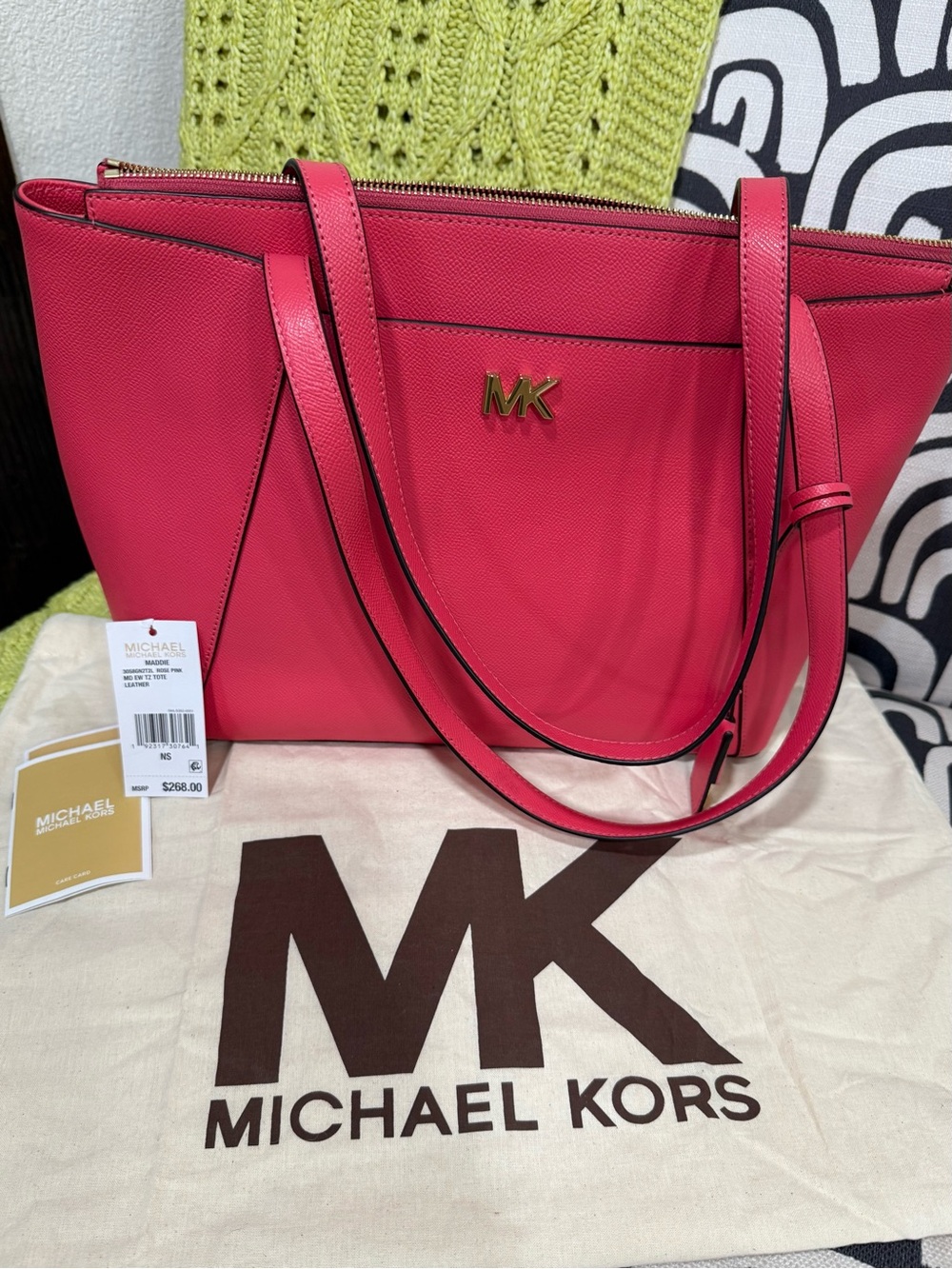 Michael Kors Hot Pink🌺Saffiano Leather Tote Rose Pink Gold MK Emblem30S58GN2T2L